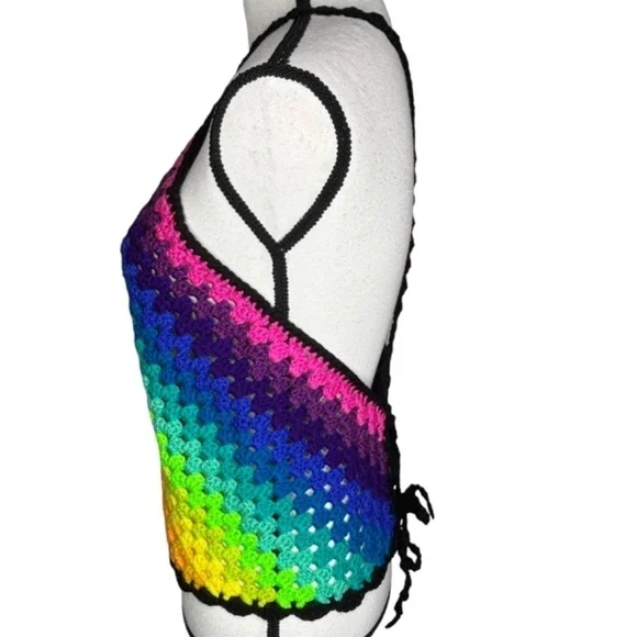 Handcrafted Crochet Halter Top Rainbow Granny Acrylic Yarn Art Handmade Knit - Picture 10 of 16